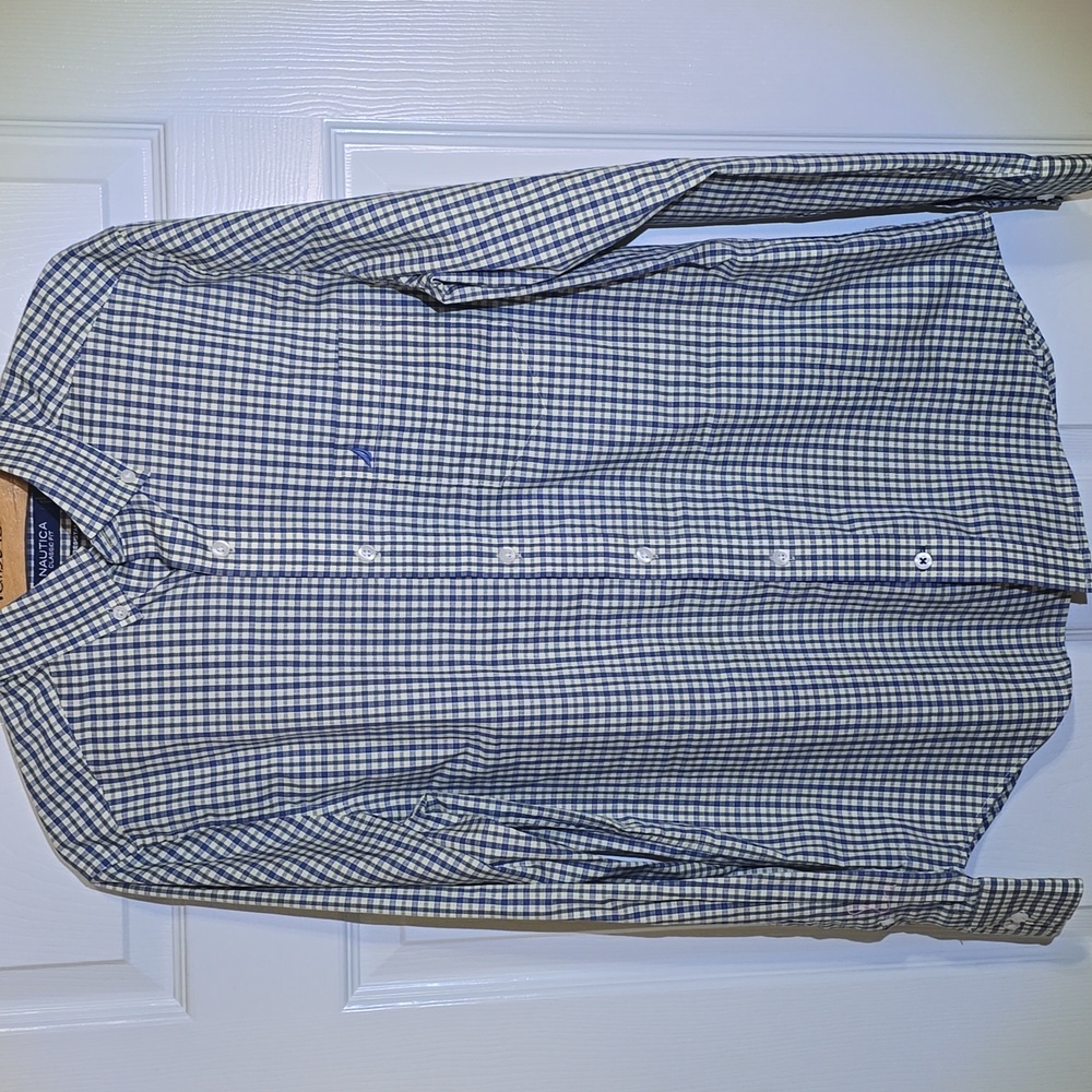 Nautica Men's Navy, Yellow and White Plaid Dress Shirt